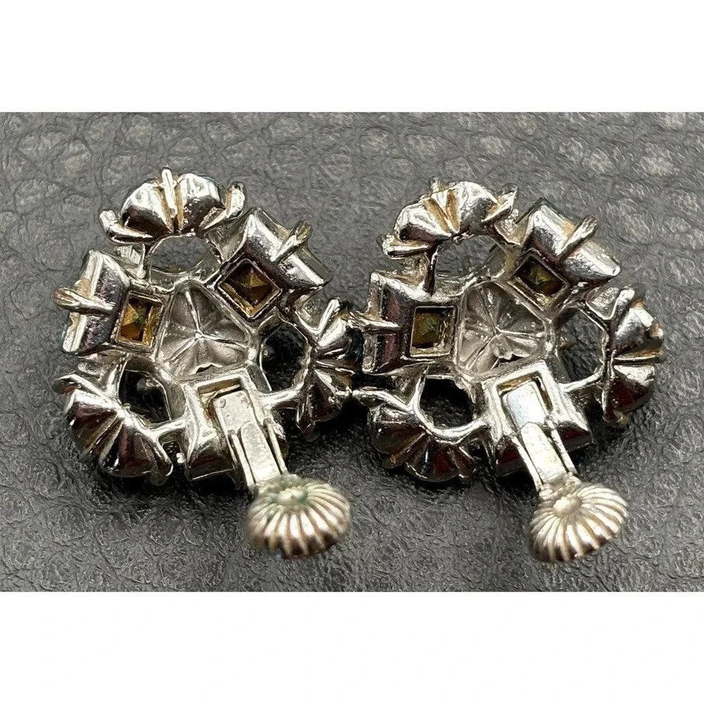 Vintage Beautiful Blue Rhinestone Cluster Silver Tone Clip On Earrings